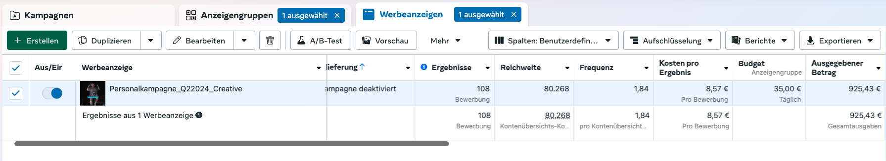 Screenshot aus Meta-Werbeanzeigenmanager